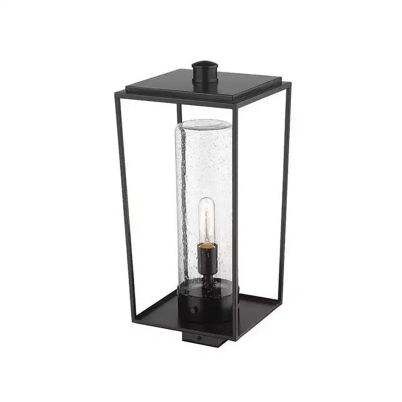 Sheridan 1-Light Outdoor Post Mount Fixture - Black Steel Lantern with Seedy Glass Shade