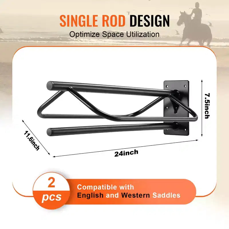 VEVOR Saddle Rack with Pad Bar,23.8 x 12.6 x 10.2 in,2 Packs Wall Mounted Saddle Stand, Heavy-Duty Steel Saddle Holder, Western & English Saddle Rack