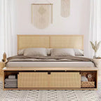 Boho Farmhouse Natural Rattan Bed Frame, Sliding Barn Door Storage and LED Light Headboard, Solid Wood Support Legs.