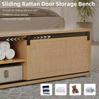 Boho Farmhouse Natural Rattan Bed Frame, Sliding Barn Door Storage and LED Light Headboard, Solid Wood Support Legs.