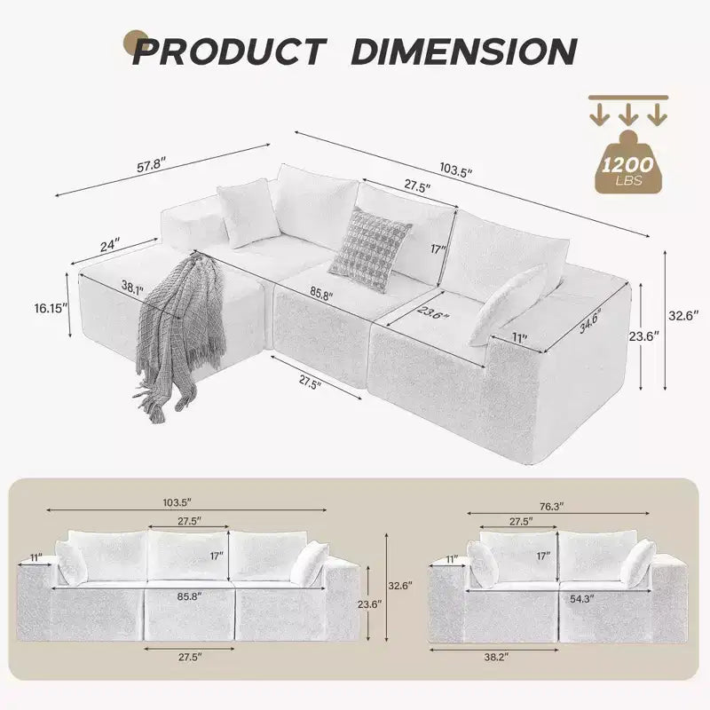 103 Modular Sectional Sofa, L Shaped Cloud Sectional Couch with Deep Seats, No Assembly Foam Couches, Upholstered Couches