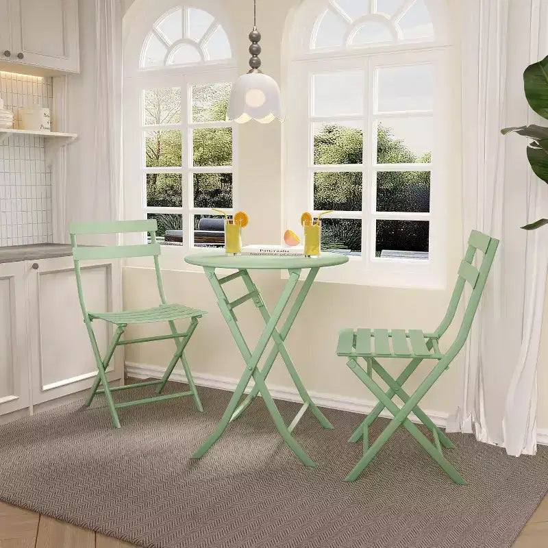3-Piece Green Folding Bistro Set, Metal Frame Table and Chairs for Small Spaces, Indoor/Outdoor Use