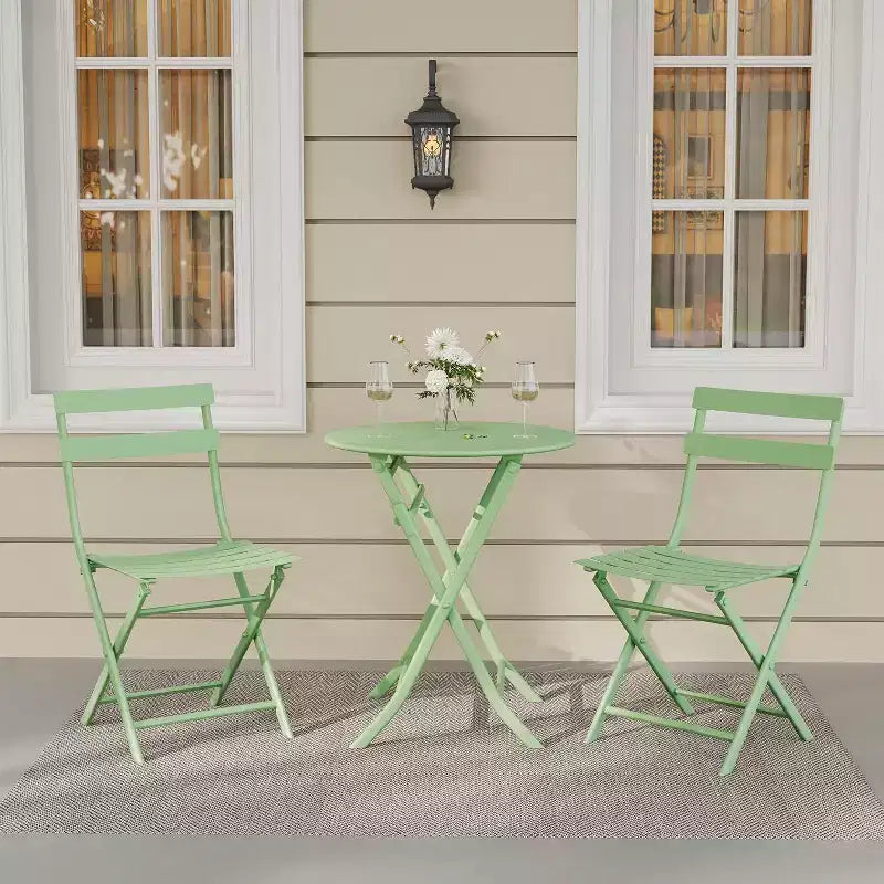 3-Piece Green Folding Bistro Set, Metal Frame Table and Chairs for Small Spaces, Indoor/Outdoor Use