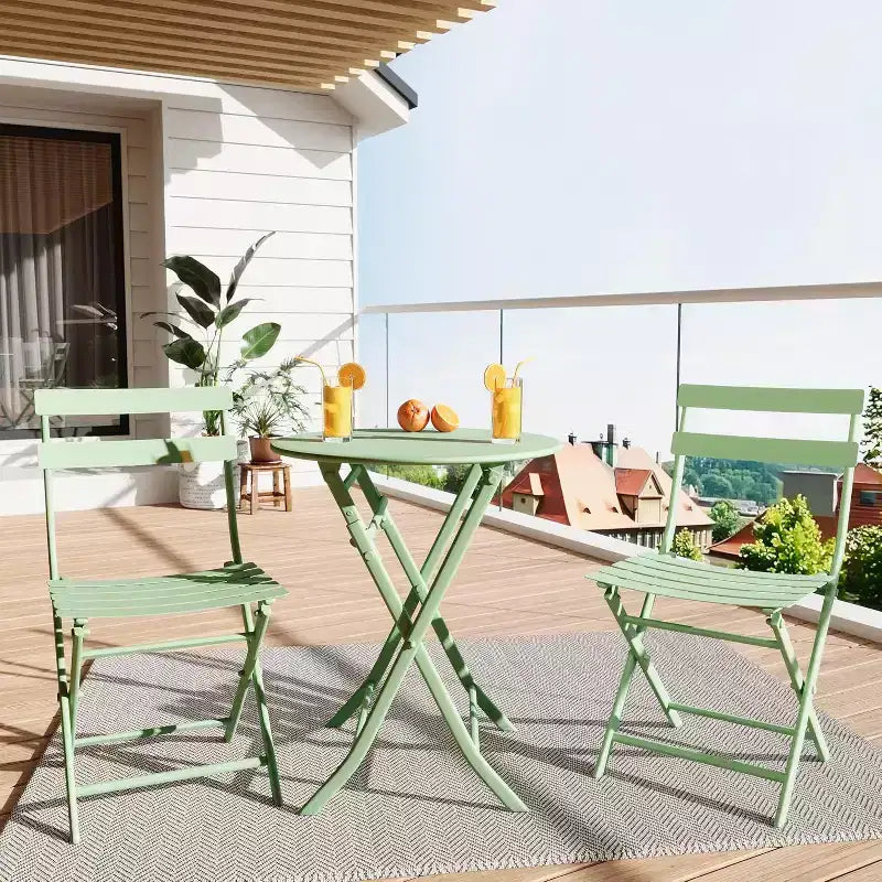 3-Piece Green Folding Bistro Set, Metal Frame Table and Chairs for Small Spaces, Indoor/Outdoor Use