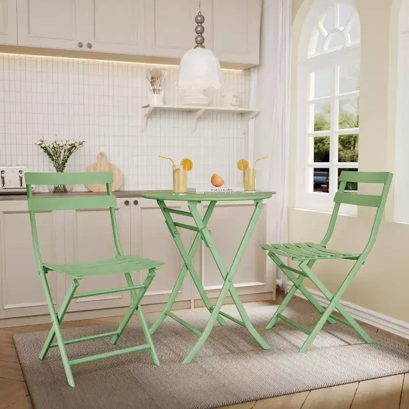 3-Piece Green Folding Bistro Set, Metal Frame Table and Chairs for Small Spaces, Indoor/Outdoor Use