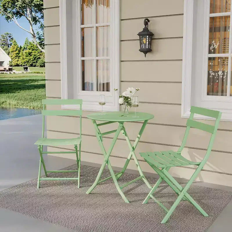 3-Piece Green Folding Bistro Set, Metal Frame Table and Chairs for Small Spaces, Indoor/Outdoor Use