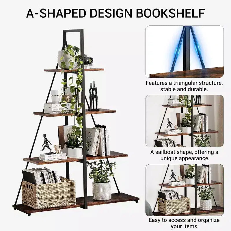 4 Shelf Bookshelf, Sailboat A-Shape Structure, Ladder Display Shelf, Classical Modern Bookshelf Book, For CDs/Books/Films