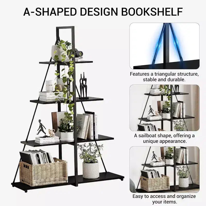 4 Shelf Bookshelf, Sailboat A-Shape Structure, Ladder Display Shelf, Classical Modern Bookshelf Book, For CDs/Books/Films