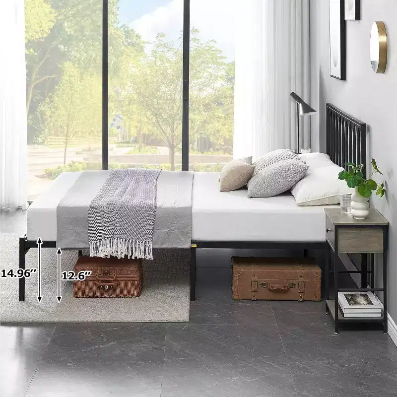 14 Inch Queen Bed Frame, Metal Platform Bed Frame with Headboard, No Box Spring Needed, Noise-Free, Non-Slip, Black
