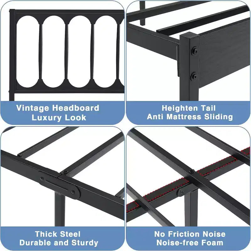 14 Inch Queen Bed Frame, Metal Platform Bed Frame with Headboard, No Box Spring Needed, Noise-Free, Non-Slip, Black