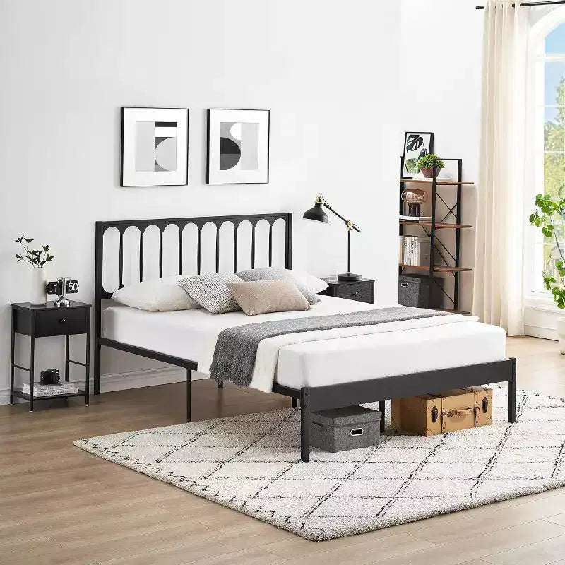 14 Inch Queen Bed Frame, Metal Platform Bed Frame with Headboard, No Box Spring Needed, Noise-Free, Non-Slip, Black