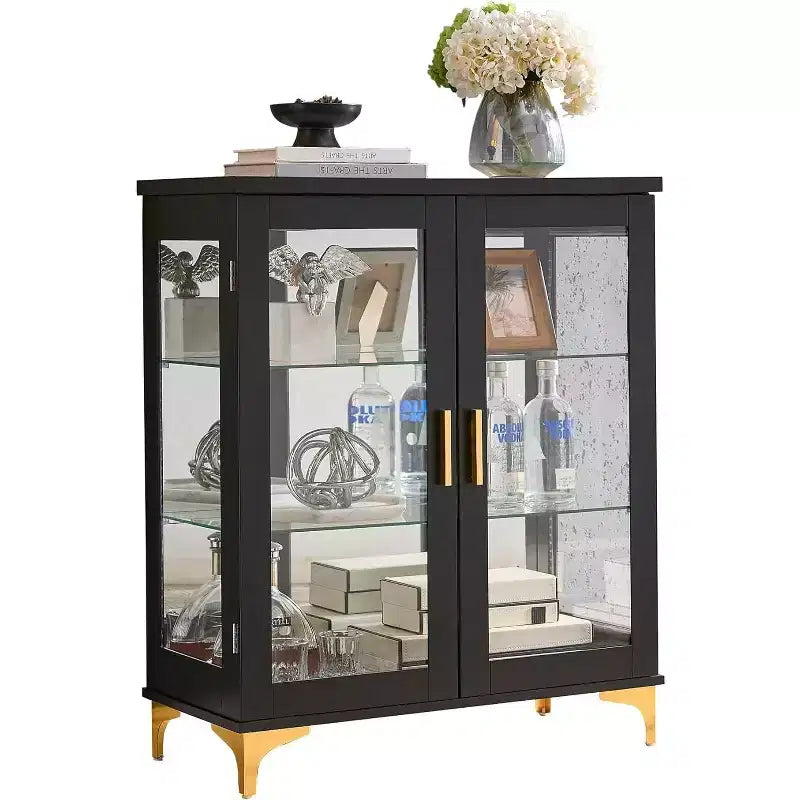 Kings Brand Furniture Modern Buffet Display Curio Cabinet with Glass Doors and Adjustable Shelves