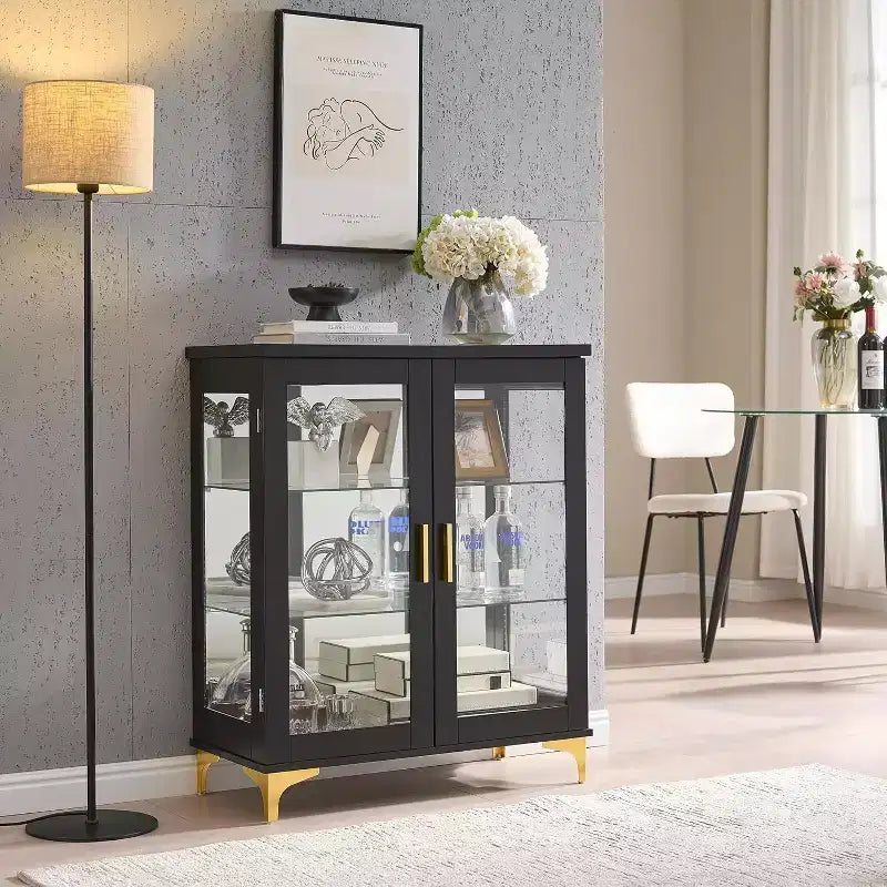 Kings Brand Furniture Modern Buffet Display Curio Cabinet with Glass Doors and Adjustable Shelves