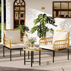 4 Piece Patio Conversation Sets, Wicker Outdoor Furniture Sets, 1 Loveseat & 2 Chairs & 1 Table, Beige