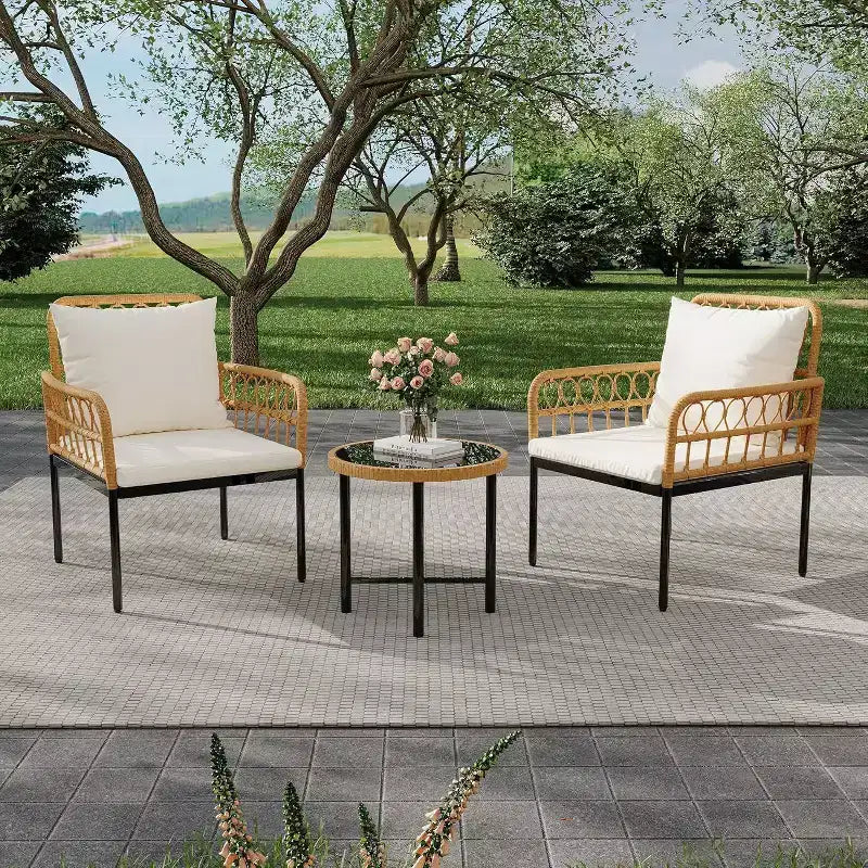 4 Piece Patio Conversation Sets, Wicker Outdoor Furniture Sets, 1 Loveseat & 2 Chairs & 1 Table, Beige