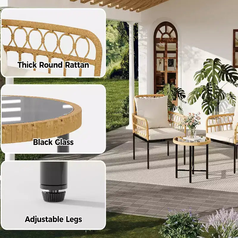 4 Piece Patio Conversation Sets, Wicker Outdoor Furniture Sets, 1 Loveseat & 2 Chairs & 1 Table, Beige