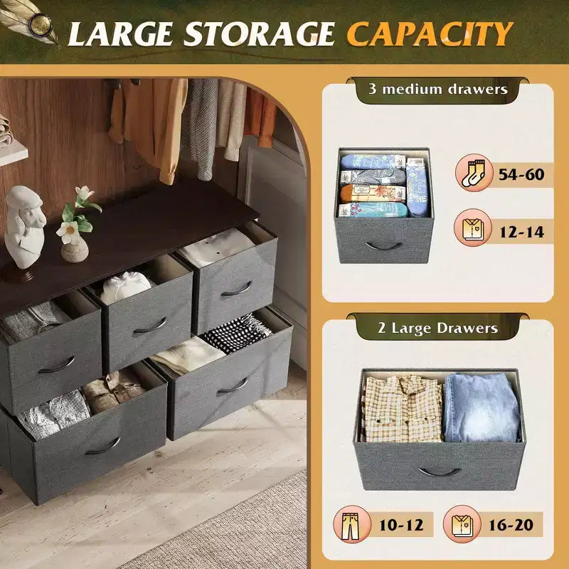 5 Drawer Dresser, Long Fabric Storage Unit for Bedroom, Closet, Living Room, Hallway & Nursery