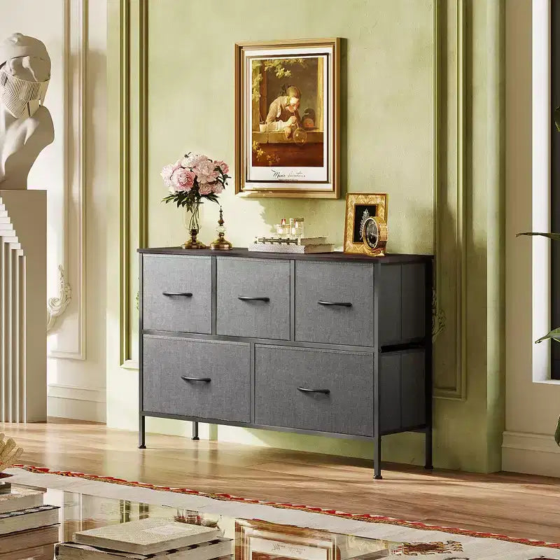 5 Drawer Dresser, Long Fabric Storage Unit for Bedroom, Closet, Living Room, Hallway & Nursery
