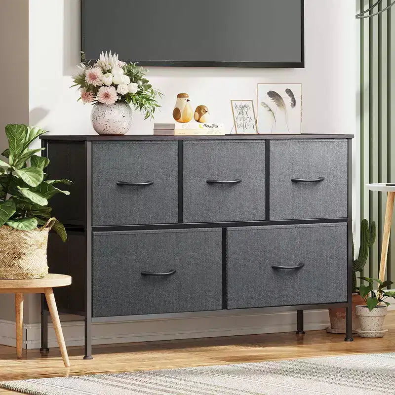 5 Drawer Dresser, Long Fabric Storage Unit for Bedroom, Closet, Living Room, Hallway & Nursery
