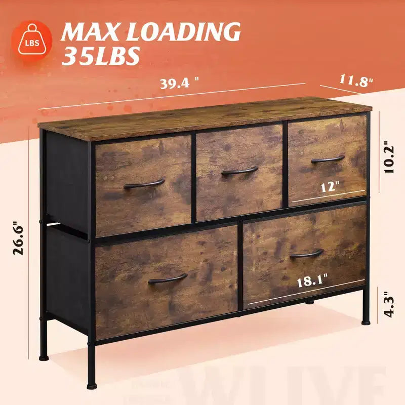 5 Drawer Dresser, Long Fabric Storage Unit for Bedroom, Closet, Living Room, Hallway & Nursery