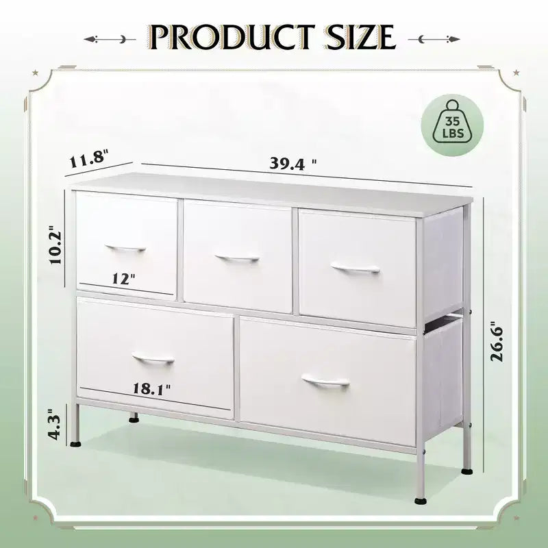 5 Drawer Dresser, Long Fabric Storage Unit for Bedroom, Closet, Living Room, Hallway & Nursery