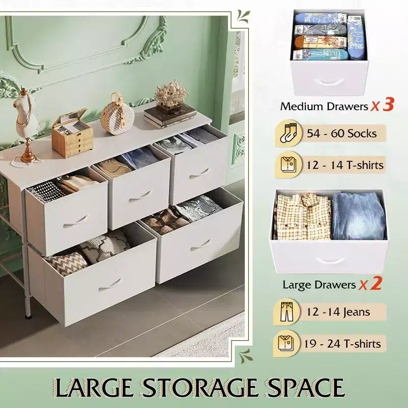 5 Drawer Dresser, Long Fabric Storage Unit for Bedroom, Closet, Living Room, Hallway & Nursery