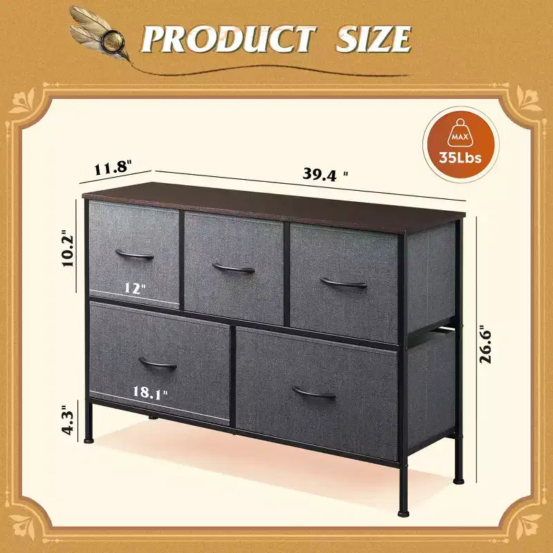 5 Drawer Dresser, Long Fabric Storage Unit for Bedroom, Closet, Living Room, Hallway & Nursery