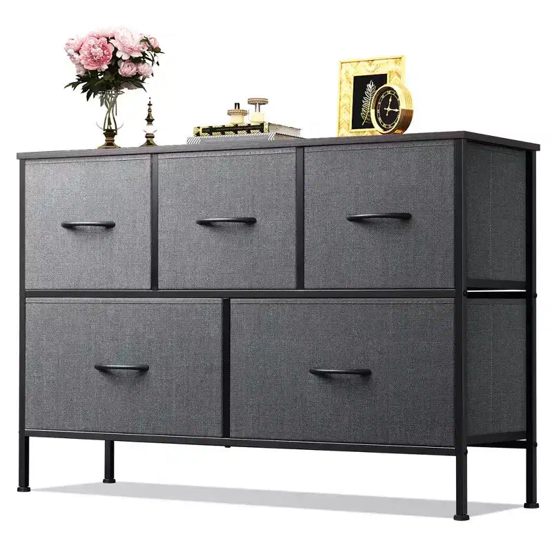 5 Drawer Dresser, Long Fabric Storage Unit for Bedroom, Closet, Living Room, Hallway & Nursery