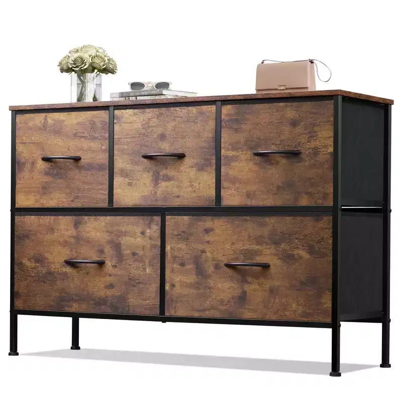 5 Drawer Dresser, Long Fabric Storage Unit for Bedroom, Closet, Living Room, Hallway & Nursery