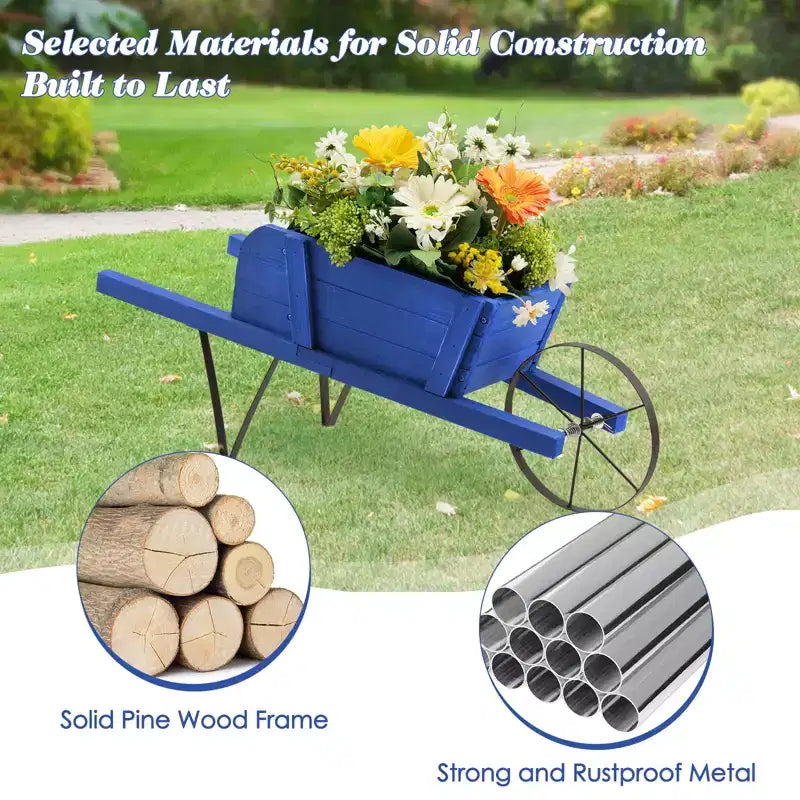 Costway Wooden Wagon Planter Decorative Indoor/Outdoor Rustic Flower Cart with Wheel Blue/Beige/Red
