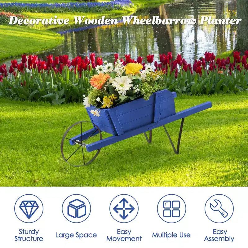 Costway Wooden Wagon Planter Decorative Indoor/Outdoor Rustic Flower Cart with Wheel Blue/Beige/Red