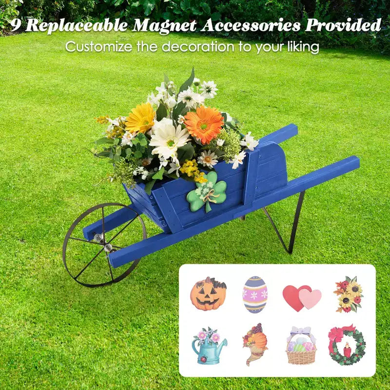 Costway Wooden Wagon Planter Decorative Indoor/Outdoor Rustic Flower Cart with Wheel Blue/Beige/Red