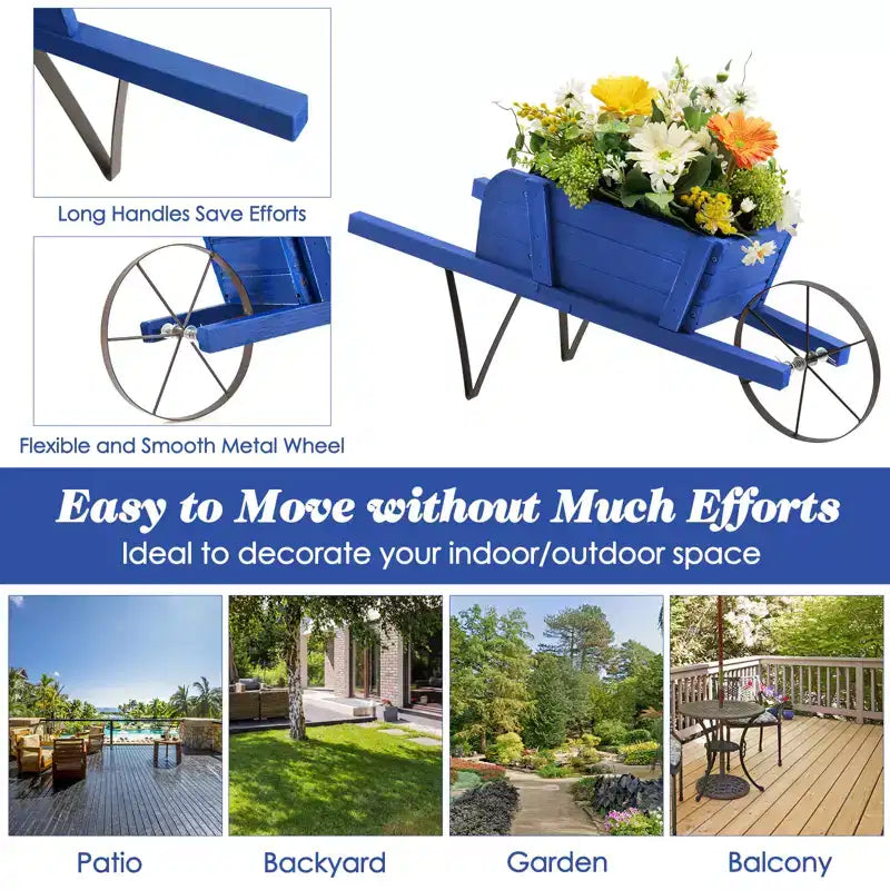 Costway Wooden Wagon Planter Decorative Indoor/Outdoor Rustic Flower Cart with Wheel Blue/Beige/Red