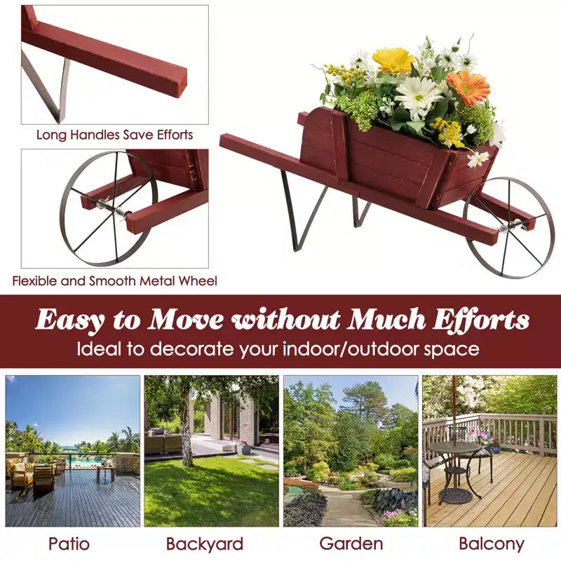 Costway Wooden Wagon Planter Decorative Indoor/Outdoor Rustic Flower Cart with Wheel Blue/Beige/Red