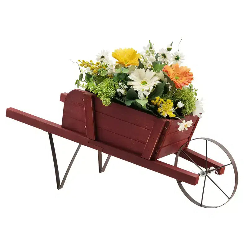 Costway Wooden Wagon Planter Decorative Indoor/Outdoor Rustic Flower Cart with Wheel Blue/Beige/Red