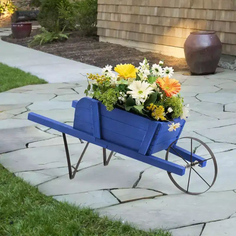 Costway Wooden Wagon Planter Decorative Indoor/Outdoor Rustic Flower Cart with Wheel Blue/Beige/Red