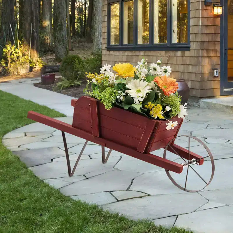 Costway Wooden Wagon Planter Decorative Indoor/Outdoor Rustic Flower Cart with Wheel Blue/Beige/Red