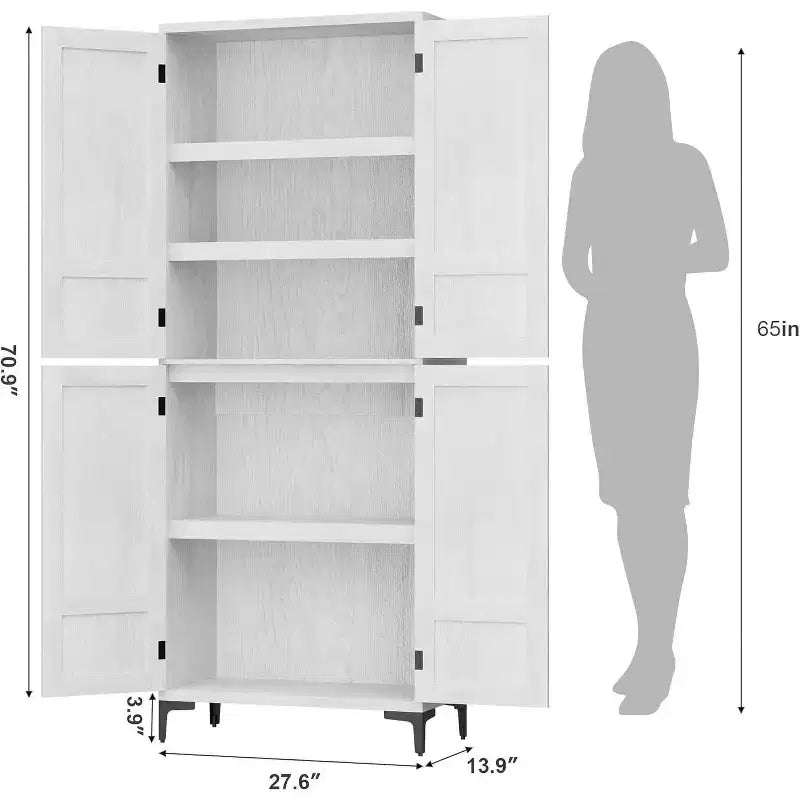 71 Farmhouse Tall Storage Cabinet, Adjustable Shelves & 4 Doors - Bathroom Pantry Organizer for Kitchen, Dining Room and office