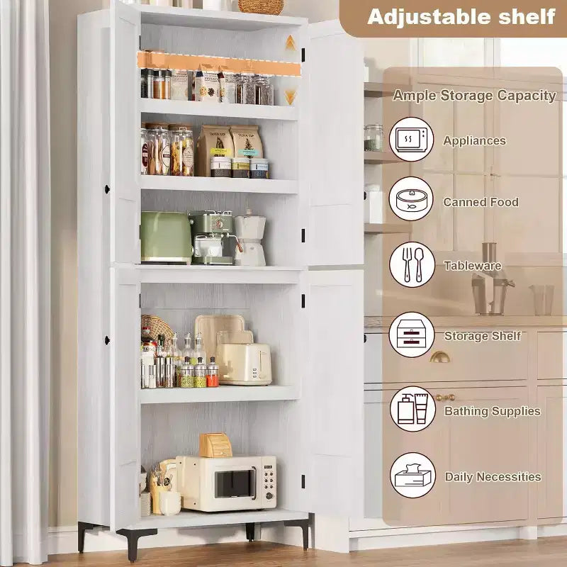 71 Farmhouse Tall Storage Cabinet, Adjustable Shelves & 4 Doors - Bathroom Pantry Organizer for Kitchen, Dining Room and office