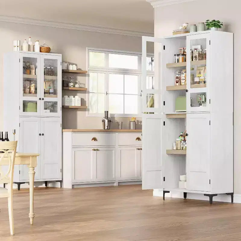 71 Farmhouse Tall Storage Cabinet, Adjustable Shelves & 4 Doors - Bathroom Pantry Organizer for Kitchen, Dining Room and office