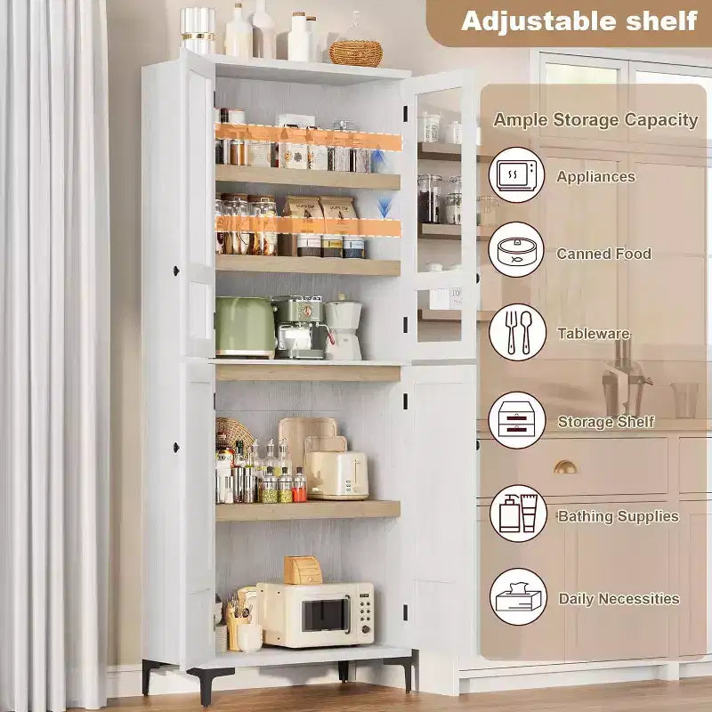 71 Farmhouse Tall Storage Cabinet, Adjustable Shelves & 4 Doors - Bathroom Pantry Organizer for Kitchen, Dining Room and office
