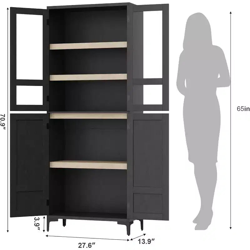 71 Farmhouse Tall Storage Cabinet, Adjustable Shelves & 4 Doors - Bathroom Pantry Organizer for Kitchen, Dining Room and office