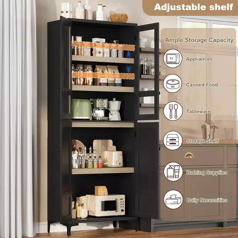 71 Farmhouse Tall Storage Cabinet, Adjustable Shelves & 4 Doors - Bathroom Pantry Organizer for Kitchen, Dining Room and office