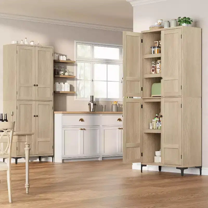 71 Farmhouse Tall Storage Cabinet, Adjustable Shelves & 4 Doors - Bathroom Pantry Organizer for Kitchen, Dining Room and office