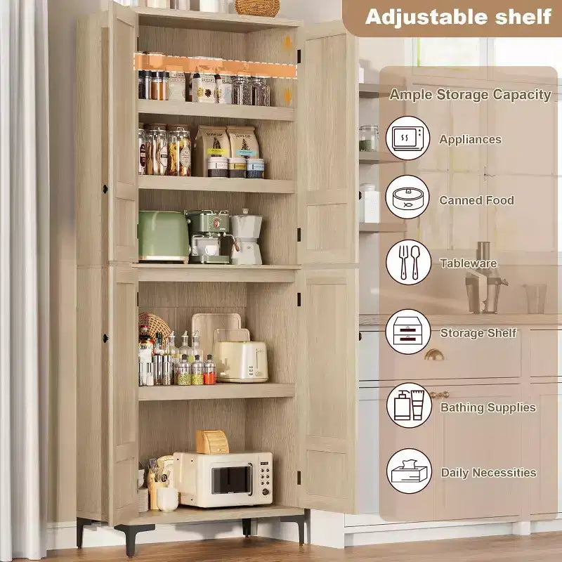 71 Farmhouse Tall Storage Cabinet, Adjustable Shelves & 4 Doors - Bathroom Pantry Organizer for Kitchen, Dining Room and office