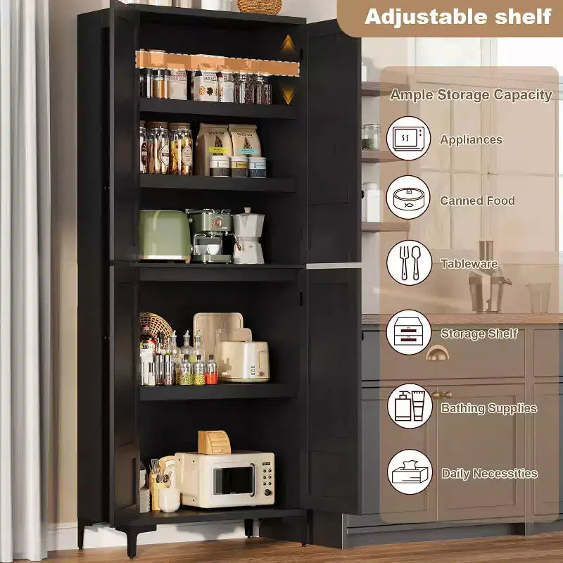 71 Farmhouse Tall Storage Cabinet, Adjustable Shelves & 4 Doors - Bathroom Pantry Organizer for Kitchen, Dining Room and office