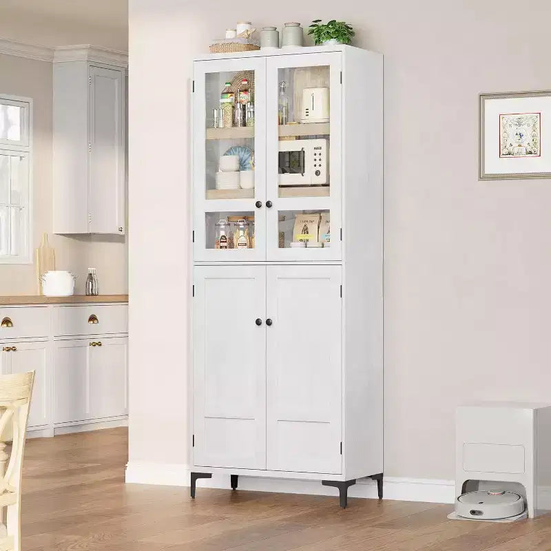 71 Farmhouse Tall Storage Cabinet, Adjustable Shelves & 4 Doors - Bathroom Pantry Organizer for Kitchen, Dining Room and office