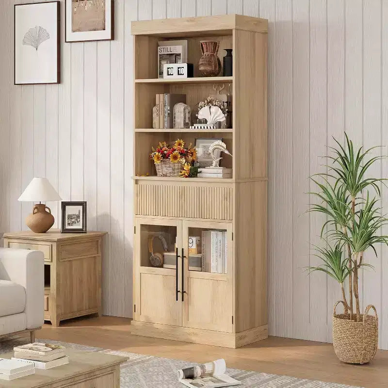 70 Tall Kitchen Pantry Cabinet with Glass Doors & Drawer - Versatile Storage for Living Room, Office, Dining Room, and Entryway