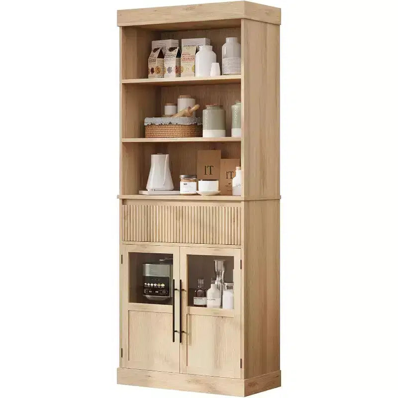 70 Tall Kitchen Pantry Cabinet with Glass Doors & Drawer - Versatile Storage for Living Room, Office, Dining Room, and Entryway
