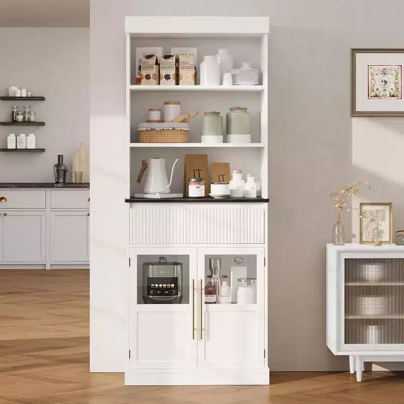 70 Tall Kitchen Pantry Cabinet with Glass Doors & Drawer - Versatile Storage for Living Room, Office, Dining Room, and Entryway